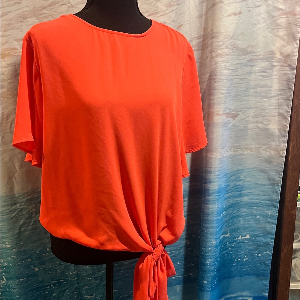Vince Camuto Bright Orange Tie-Front Flutter Sleeve Blouse